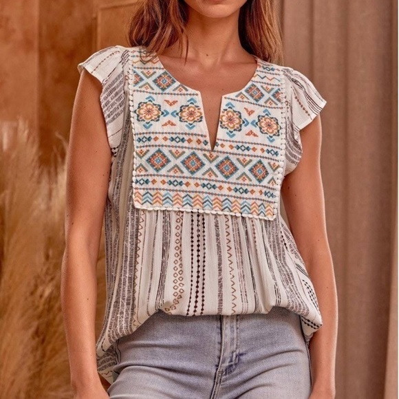 Savanna Jane Tops - Savanna Jane Embroidered Western Aztec Tribal Swing Top Small